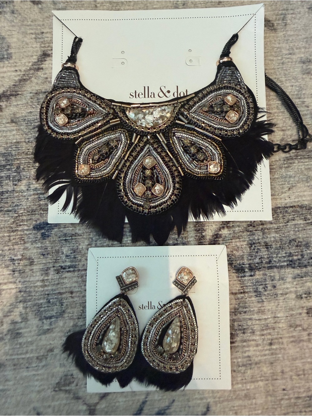 Stella & Dot Black Feather Beaded Bib Necklace with Matching Earrings